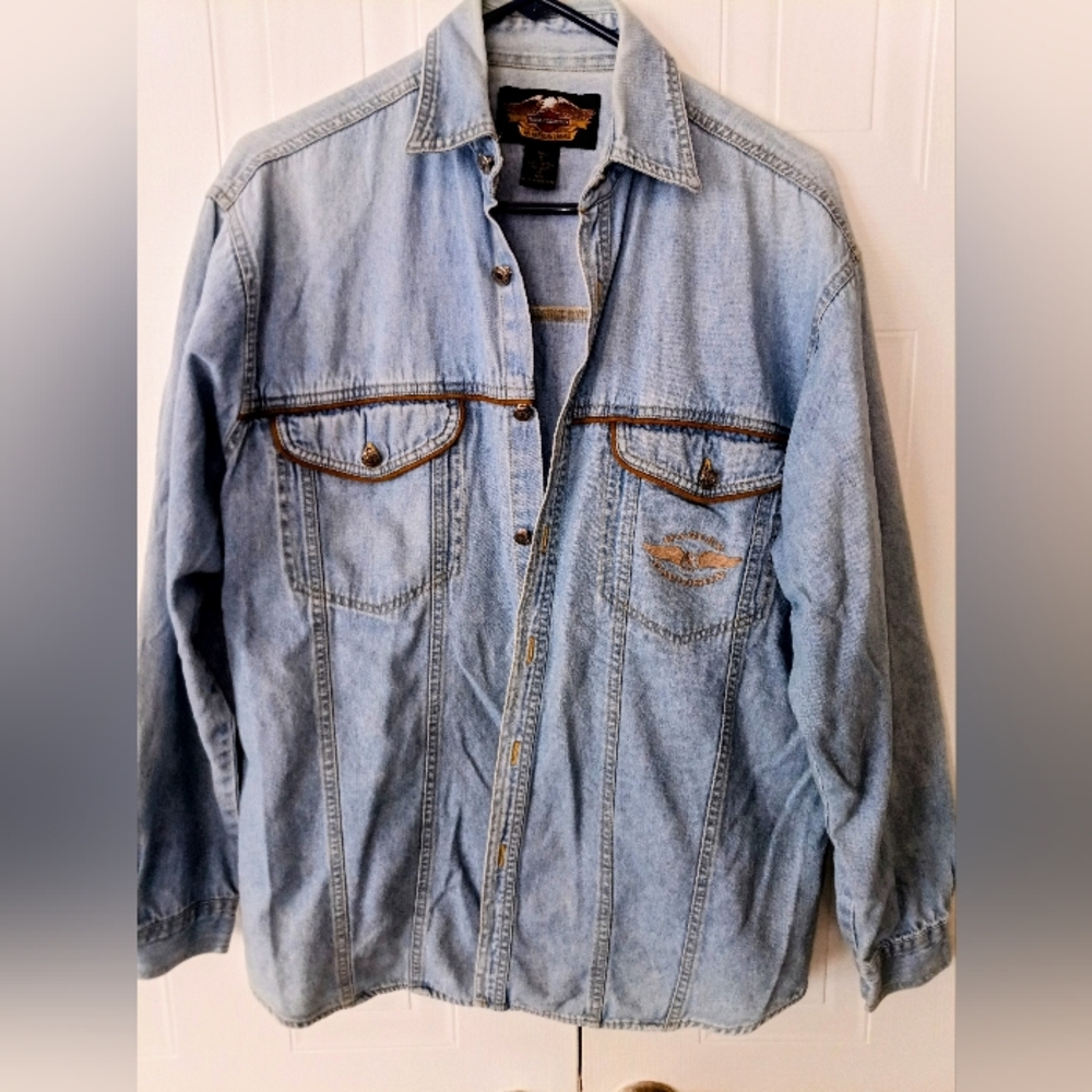 Vintage  Harley Davidson Oversized Denim Button-Up Shirt Size S